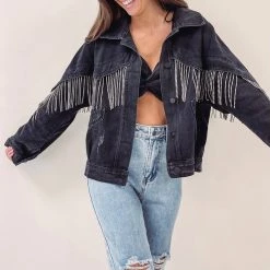 Indie Collection Black Rhinestone Fringe Denim Jacket New Arrivals