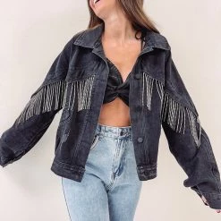 Indie Collection Black Rhinestone Fringe Denim Jacket New Arrivals
