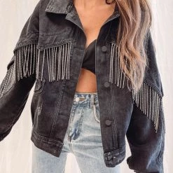 Indie Collection Black Rhinestone Fringe Denim Jacket New Arrivals