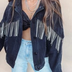 Indie Collection Black Rhinestone Fringe Denim Jacket New Arrivals
