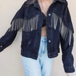 Indie Collection Black Rhinestone Fringe Denim Jacket New Arrivals
