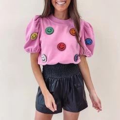 Indie Collection Tops 3D Pink Smiley Poof Top - Queen Of Sparkles