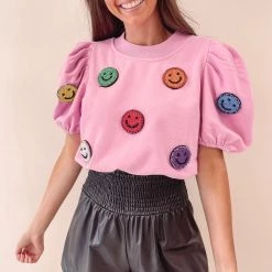 Indie Collection Tops 3D Pink Smiley Poof Top - Queen Of Sparkles