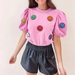 Indie Collection Tops 3D Pink Smiley Poof Top - Queen Of Sparkles