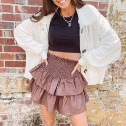 Indie Collection Faux Leather Smocked Skirt - Brown New Arrivals