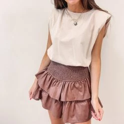 Indie Collection Faux Leather Smocked Skirt - Brown New Arrivals