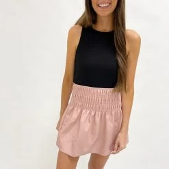 Indie Mae Smocked Faux Leather Mini Skirt