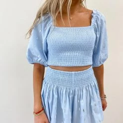 Indie Collection Light Blue Rhinestone Smocked Top - Queen Of Sparkles USA Collection