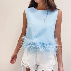 Indie Collection New Arrivals Blue Feather Top