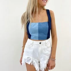 Indie Collection Two Toned Denim Crop Top New Arrivals
