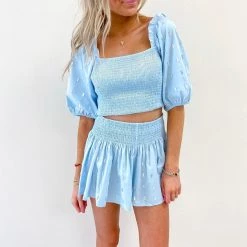 Indie Collection Light Blue Rhinestone Smocked Top - Queen Of Sparkles USA Collection